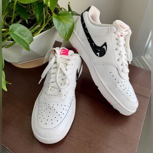 Preloved Nike Court Vision Women's White Sneakers with Black and Pink Accents